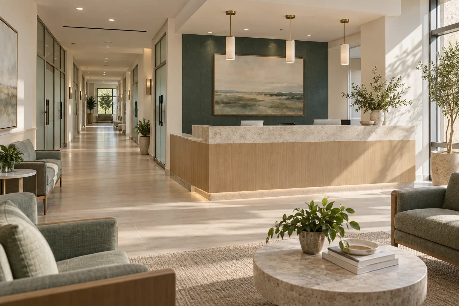 Illustrative surgery center reception and corridor in warm natural light.