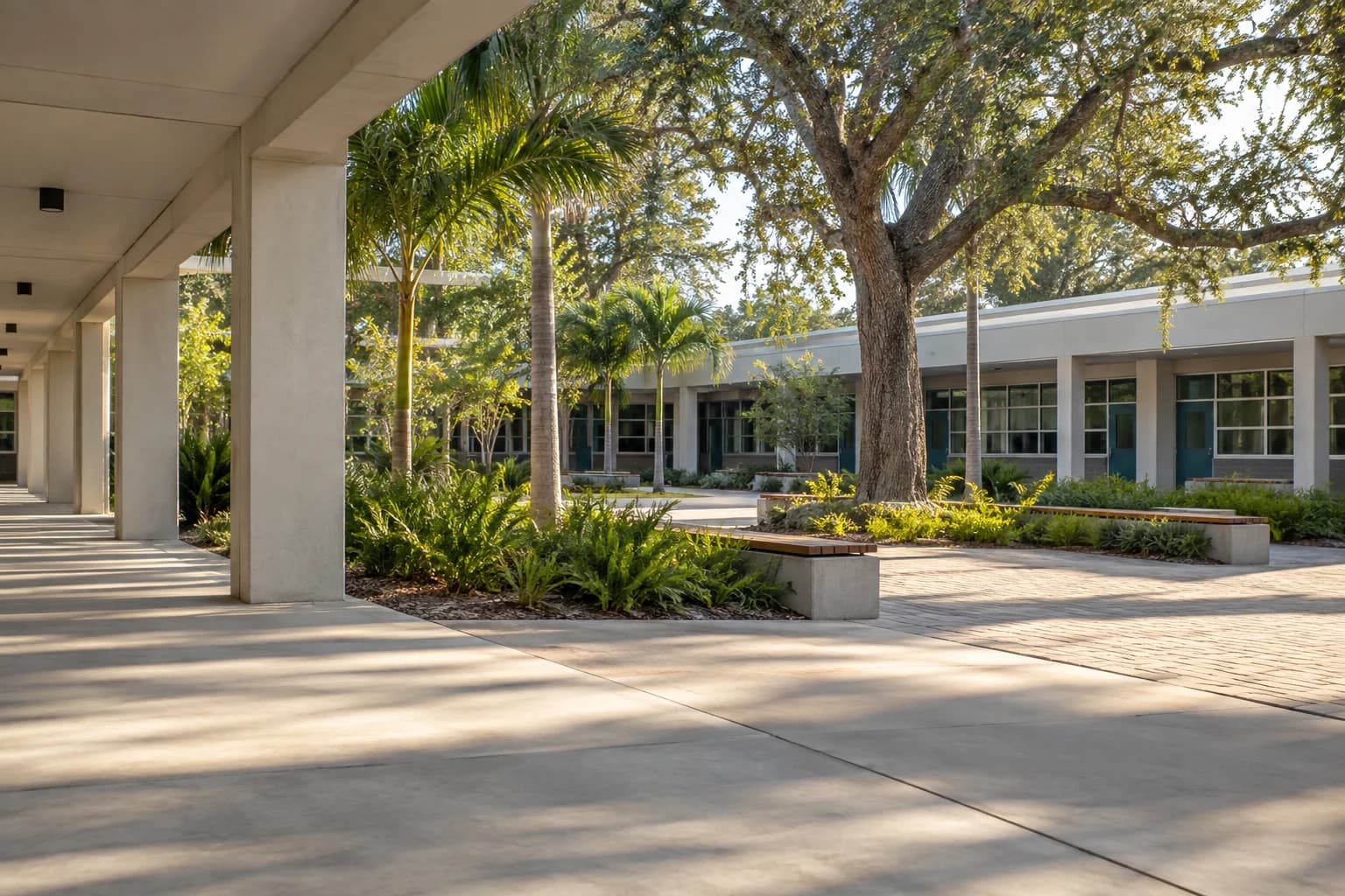 Illustrative Florida school courtyard with covered walkways, palms and morning light.